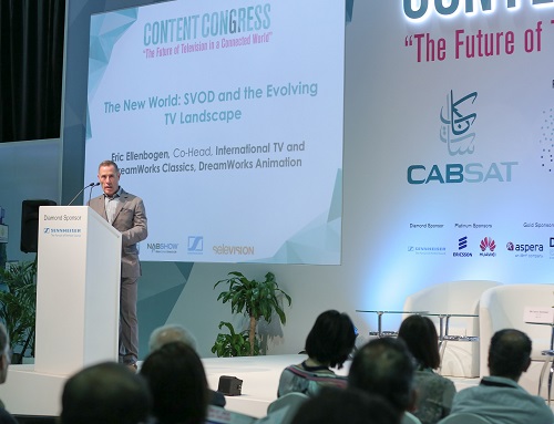 Eric Ellenbogen, the Co-Head of International TV & DreamWorks Classics, DreamWorks Animation during his keynote speech at the CABSAT 2016 Content Congress