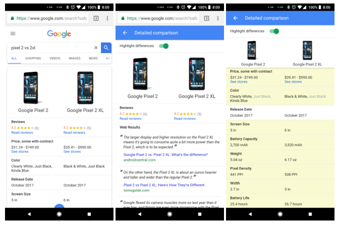 Google Search can now compare specifications between devices and highlight differences