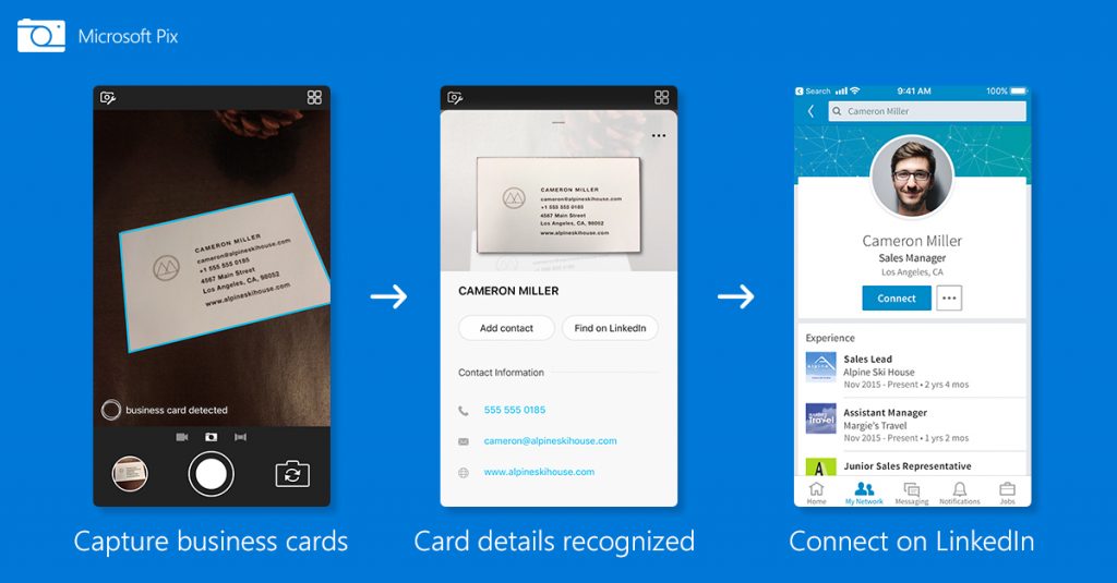 تطبيق الكاميرا Microsoft Pix يدعم حفظ بطاقة العمل لجهات الاتصال تلقائيًا